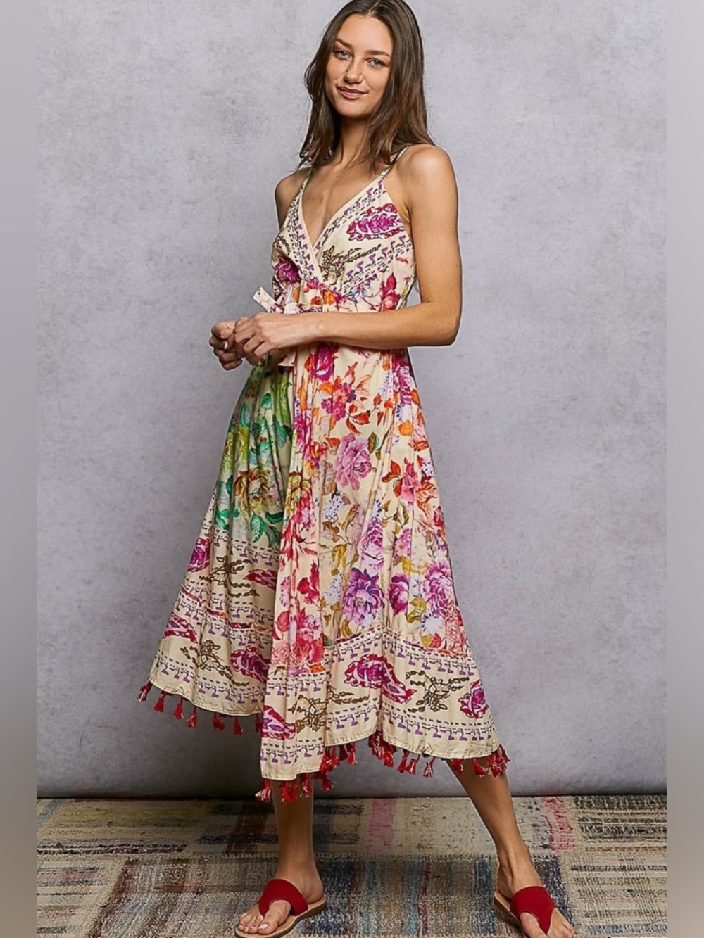 POL Floral Midi Dress with Embroidery and Tassels
